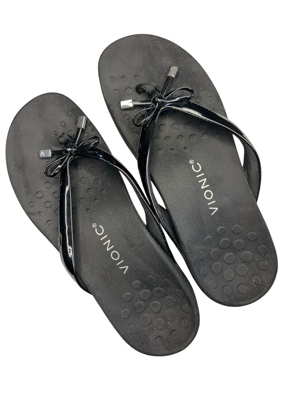 Vionic Bella Sandals Black T-Strap Patent Leather bow accent sz 7.5